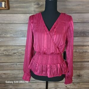 Japna Satin Wrap Peplum Blouse in Berry